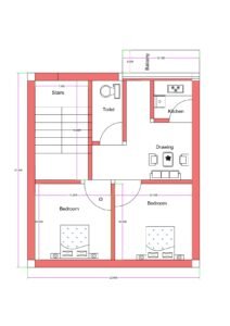 Compact 22.5 feet by 25 feet 2BHK house floor plan featuring two bedrooms, a drawing hall, kitchen, toilet, staircase, and front balcony. The layout includes two rear bedrooms measuring approximately 10 feet by 10 feet each. A centrally positioned drawing room connects both bedrooms. The kitchen is located at the front-right side near the drawing room. A common toilet is positioned beside the staircase on the front-left side. A 7-foot-wide staircase is provided for access to upper floors. A 3-foot-wide balcony extends along the front side of the house, providing ventilation and outdoor space. The design efficiently utilizes the compact 22.5x25 plot area for small family living.