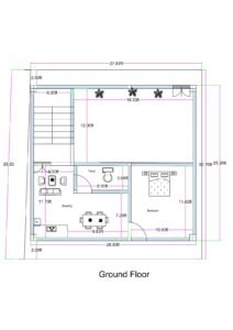 Ground floor 1BHK house plan with front parking designed on an actual rectangular built-up area of 26.83 feet by 25.20 feet (commonly written as 25x27 for SEO). The front portion includes an open parking space measuring approximately 19.33 feet in width and 12 feet in depth. A 6-foot-wide staircase is positioned on the left side providing access to upper floors. Behind the parking area, a compact 1BHK unit is arranged. The layout includes a bedroom measuring approximately 11.6 feet by 10 feet, a combined drawing and dining space measuring approximately 11.7 feet by 9.83 feet, and a kitchen integrated within the living space. A common toilet measuring approximately 3.95 feet by 8.33 feet is positioned centrally. The design efficiently converts an irregular plot into a functional rectangular 1BHK with parking.