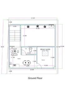 Ground floor 1BHK house plan with front parking designed on an actual rectangular built-up area of 26.83 feet by 25.20 feet (commonly written as 25x27 for SEO). The front portion includes an open parking space measuring approximately 19.33 feet in width and 12 feet in depth. A 6-foot-wide staircase is positioned on the left side providing access to upper floors. Behind the parking area, a compact 1BHK unit is arranged. The layout includes a bedroom measuring approximately 11.6 feet by 10 feet, a combined drawing and dining space measuring approximately 11.7 feet by 9.83 feet, and a kitchen integrated within the living space. A common toilet measuring approximately 3.95 feet by 8.33 feet is positioned centrally. The design efficiently converts an irregular plot into a functional rectangular 1BHK with parking.