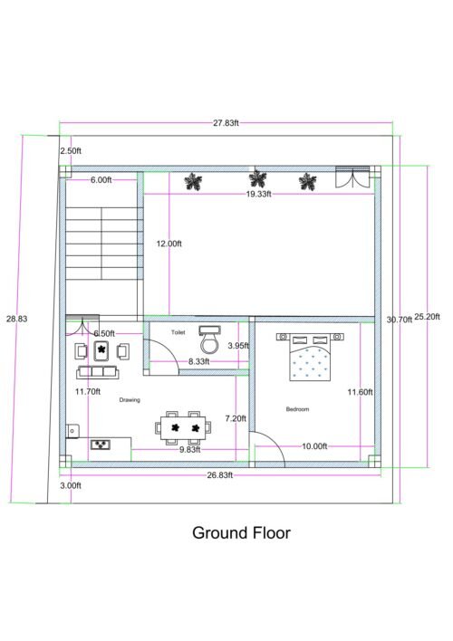Ground floor 1BHK house plan with front parking designed on an actual rectangular built-up area of 26.83 feet by 25.20 feet (commonly written as 25x27 for SEO). The front portion includes an open parking space measuring approximately 19.33 feet in width and 12 feet in depth. A 6-foot-wide staircase is positioned on the left side providing access to upper floors. Behind the parking area, a compact 1BHK unit is arranged. The layout includes a bedroom measuring approximately 11.6 feet by 10 feet, a combined drawing and dining space measuring approximately 11.7 feet by 9.83 feet, and a kitchen integrated within the living space. A common toilet measuring approximately 3.95 feet by 8.33 feet is positioned centrally. The design efficiently converts an irregular plot into a functional rectangular 1BHK with parking.