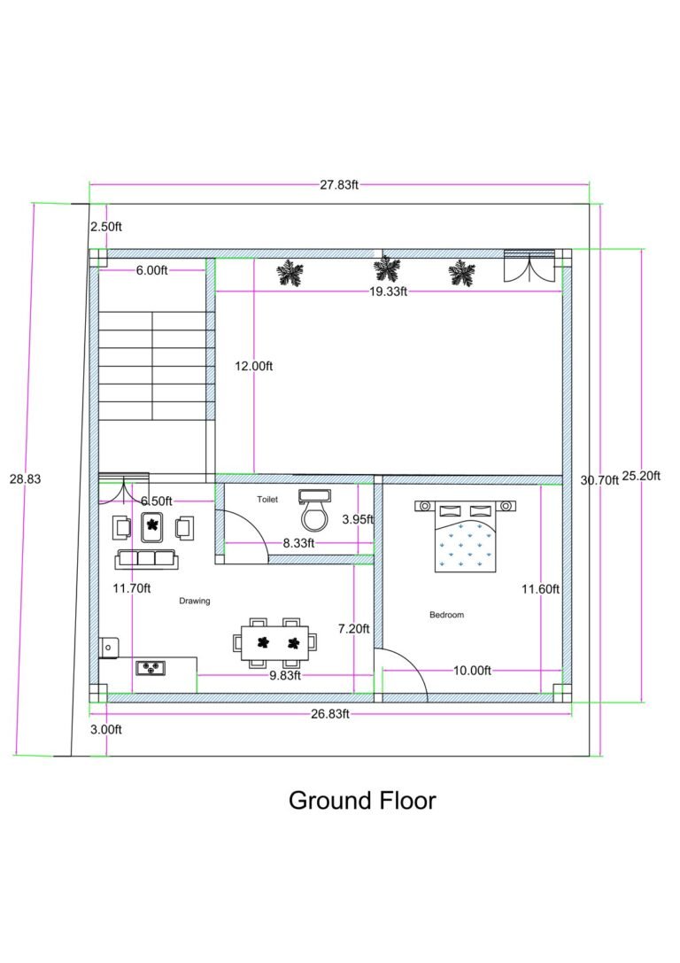 Ground floor 1BHK house plan with front parking designed on an actual rectangular built-up area of 26.83 feet by 25.20 feet (commonly written as 25x27 for SEO). The front portion includes an open parking space measuring approximately 19.33 feet in width and 12 feet in depth. A 6-foot-wide staircase is positioned on the left side providing access to upper floors. Behind the parking area, a compact 1BHK unit is arranged. The layout includes a bedroom measuring approximately 11.6 feet by 10 feet, a combined drawing and dining space measuring approximately 11.7 feet by 9.83 feet, and a kitchen integrated within the living space. A common toilet measuring approximately 3.95 feet by 8.33 feet is positioned centrally. The design efficiently converts an irregular plot into a functional rectangular 1BHK with parking.