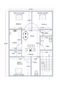 “North-facing 27×40 house plan (actual size 26.8×39.5 ft) featuring a compact and efficient 3BHK layout with a central drawing–dining hall, a vastu-compliant puja room, a well-planned kitchen, two common toilets, a master bedroom, two additional bedrooms, a staircase on the southeast side, and a dedicated store area for utility needs.”