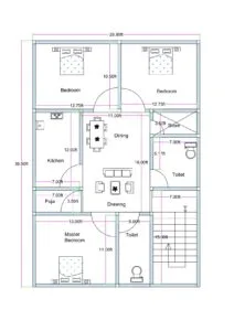 “North-facing 27×40 house plan (actual size 26.8×39.5 ft) featuring a compact and efficient 3BHK layout with a central drawing–dining hall, a vastu-compliant puja room, a well-planned kitchen, two common toilets, a master bedroom, two additional bedrooms, a staircase on the southeast side, and a dedicated store area for utility needs.”