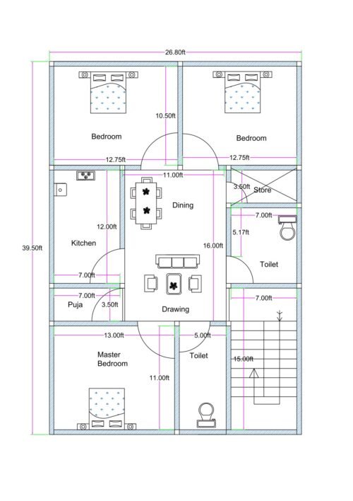 “North-facing 27×40 house plan (actual size 26.8×39.5 ft) featuring a compact and efficient 3BHK layout with a central drawing–dining hall, a vastu-compliant puja room, a well-planned kitchen, two common toilets, a master bedroom, two additional bedrooms, a staircase on the southeast side, and a dedicated store area for utility needs.”