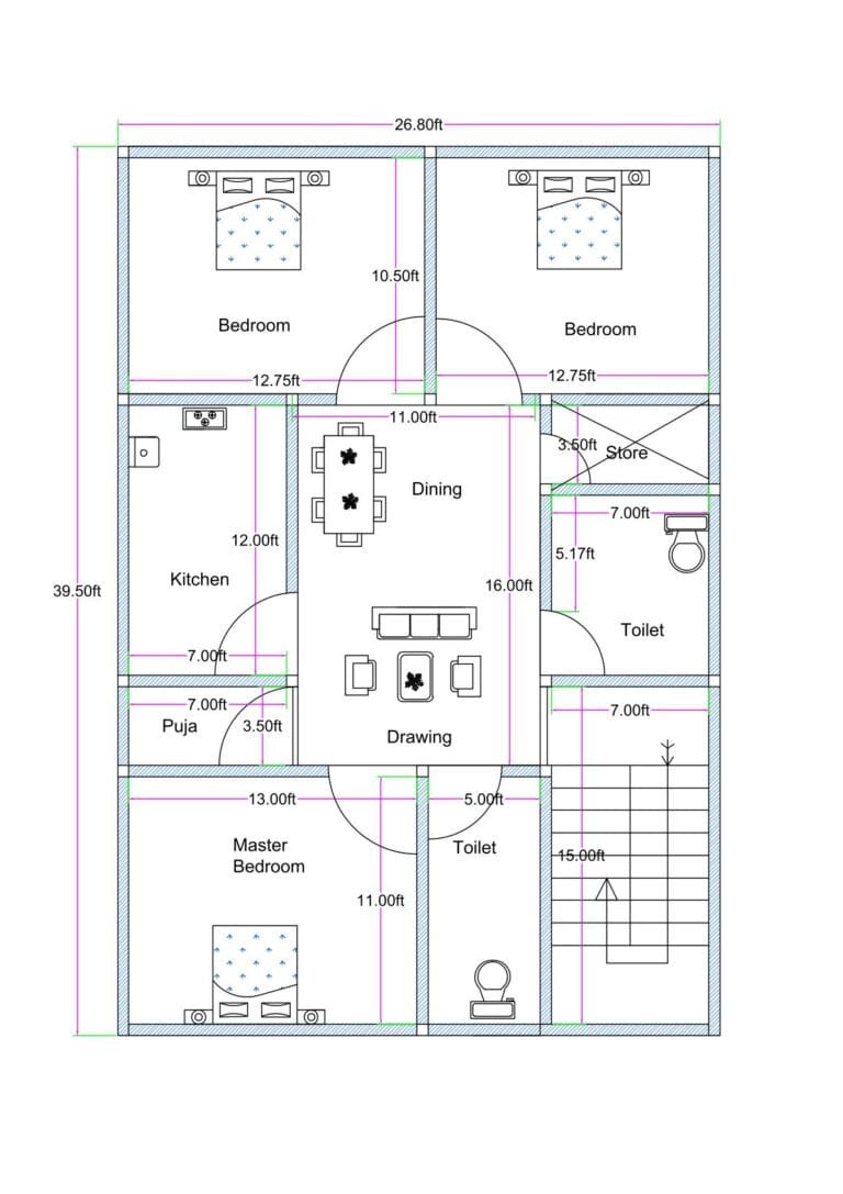 “North-facing 27×40 house plan (actual size 26.8×39.5 ft) featuring a compact and efficient 3BHK layout with a central drawing–dining hall, a vastu-compliant puja room, a well-planned kitchen, two common toilets, a master bedroom, two additional bedrooms, a staircase on the southeast side, and a dedicated store area for utility needs.”