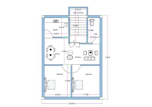 26 feet by 30 feet compact 2BHK house floor plan featuring front staircase with parking space and a well-organized residential layout. The front portion includes a 10-foot-wide stair and parking area with a 14.5-foot stair run. A common toilet measuring approximately 5 feet by 10.5 feet is positioned on the front-right side. The kitchen is located on the front-left side measuring approximately 6 feet by 8 feet. A centrally placed drawing and dining area measuring approximately 8 feet in width connects all rooms. Two rear bedrooms measure approximately 12 feet by 12 feet and 11.5 feet by 12 feet. The layout efficiently utilizes the 26x30 plot for small family living with future vertical expansion potential.