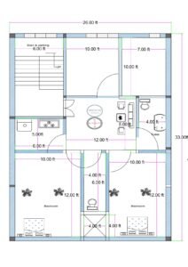 26 feet by 33 feet mixed-use building floor plan featuring two commercial shops at the front and a 2BHK residential layout at the rear. The first shop measures approximately 10 feet by 10 feet, while the second shop measures approximately 7 feet by 10 feet. A 6-foot-wide staircase and parking area is positioned at the front-left corner, allowing independent access to upper floors. Behind the shops, a central drawing area measuring approximately 12 feet by 8 feet connects to the residential section. The kitchen measures approximately 6 feet by 5 feet. Two bedrooms measuring approximately 10 feet by 12 feet each are located at the rear. An OTS (open-to-sky) shaft measuring approximately 4 feet by 4 feet is provided for ventilation of the common toilet and bedrooms. One common toilet is centrally located, and another toilet is positioned near the living area. The layout efficiently combines commercial and residential use with vertical circulation.