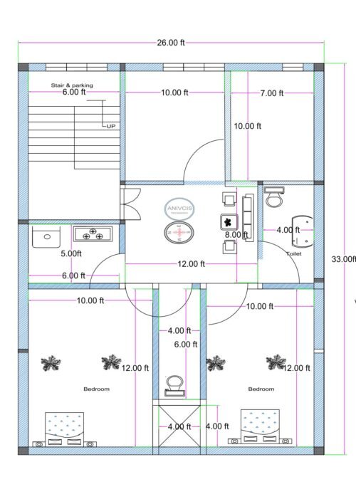 26 feet by 33 feet mixed-use building floor plan featuring two commercial shops at the front and a 2BHK residential layout at the rear. The first shop measures approximately 10 feet by 10 feet, while the second shop measures approximately 7 feet by 10 feet. A 6-foot-wide staircase and parking area is positioned at the front-left corner, allowing independent access to upper floors. Behind the shops, a central drawing area measuring approximately 12 feet by 8 feet connects to the residential section. The kitchen measures approximately 6 feet by 5 feet. Two bedrooms measuring approximately 10 feet by 12 feet each are located at the rear. An OTS (open-to-sky) shaft measuring approximately 4 feet by 4 feet is provided for ventilation of the common toilet and bedrooms. One common toilet is centrally located, and another toilet is positioned near the living area. The layout efficiently combines commercial and residential use with vertical circulation.