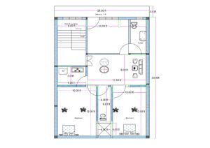 26 feet by 33 feet first floor 3BHK house plan featuring a master bedroom in place of ground floor shops. The layout includes a 6-foot-wide staircase positioned at the front-left side for independent upper-floor access. The front portion includes a 3-foot-wide balcony. A master bedroom measuring approximately 10 feet in width is positioned at the front with an attached toilet. A spacious central drawing and living area measuring approximately 17.5 feet by 8 feet connects to all rooms. A kitchen measuring approximately 6 feet by 5 feet is located on the left side. Two rear bedrooms measuring approximately 10 feet by 12 feet each are provided. A common toilet and OTS (open-to-sky) shaft measuring approximately 4 feet by 4 feet ensure ventilation. The plan converts the commercial ground floor into a full residential 3BHK layout on the first floor.