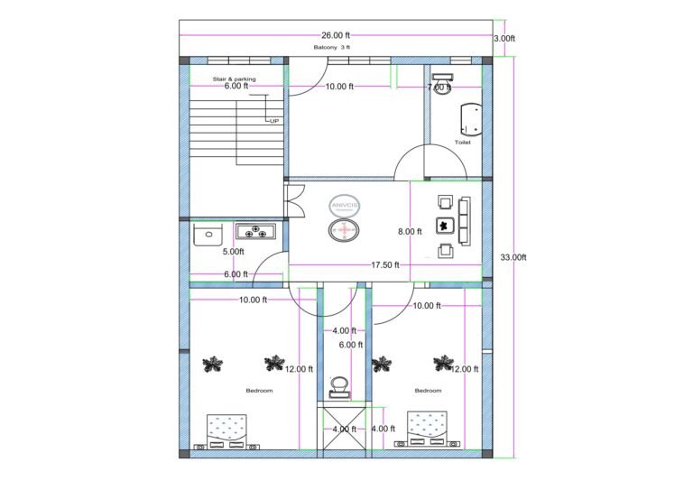 26 feet by 33 feet first floor 3BHK house plan featuring a master bedroom in place of ground floor shops. The layout includes a 6-foot-wide staircase positioned at the front-left side for independent upper-floor access. The front portion includes a 3-foot-wide balcony. A master bedroom measuring approximately 10 feet in width is positioned at the front with an attached toilet. A spacious central drawing and living area measuring approximately 17.5 feet by 8 feet connects to all rooms. A kitchen measuring approximately 6 feet by 5 feet is located on the left side. Two rear bedrooms measuring approximately 10 feet by 12 feet each are provided. A common toilet and OTS (open-to-sky) shaft measuring approximately 4 feet by 4 feet ensure ventilation. The plan converts the commercial ground floor into a full residential 3BHK layout on the first floor.