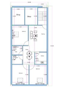 26 feet by 55 feet mixed-use building floor plan featuring two commercial shops at the front and a 3BHK residential layout at the rear. The two front shops measure approximately 8.5 feet by 12 feet each. A 6-foot-wide staircase is positioned at the front-right corner providing independent access to upper floors. Behind the shops, a spacious drawing room measuring approximately 18 feet in length connects to the dining area measuring approximately 12.5 feet by 8 feet. The kitchen measures approximately 8 feet by 8 feet and is positioned on the right side. Three bedrooms are provided, including one bedroom measuring approximately 11 feet by 13.5 feet and two rear bedrooms measuring approximately 12 feet by 13.5 feet each. Two common toilets are centrally located for accessibility. The layout efficiently utilizes the 26x55 rectangular plot for combined commercial and residential use.