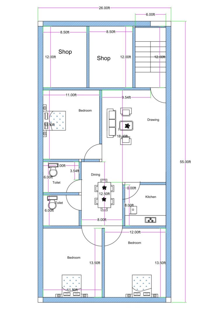 26 feet by 55 feet mixed-use building floor plan featuring two commercial shops at the front and a 3BHK residential layout at the rear. The two front shops measure approximately 8.5 feet by 12 feet each. A 6-foot-wide staircase is positioned at the front-right corner providing independent access to upper floors. Behind the shops, a spacious drawing room measuring approximately 18 feet in length connects to the dining area measuring approximately 12.5 feet by 8 feet. The kitchen measures approximately 8 feet by 8 feet and is positioned on the right side. Three bedrooms are provided, including one bedroom measuring approximately 11 feet by 13.5 feet and two rear bedrooms measuring approximately 12 feet by 13.5 feet each. Two common toilets are centrally located for accessibility. The layout efficiently utilizes the 26x55 rectangular plot for combined commercial and residential use.