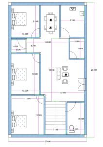 West-facing corner plot 3BHK house floor plan designed on an actual 27.69 feet by 47 feet plot (commonly written as 28x48 for SEO). The layout includes three bedrooms measuring approximately 10 feet by 11 feet, 10 feet by 13.98 feet, and 11.5 feet by 13.5 feet. A small puja room is positioned between two bedrooms. A spacious central hall measuring approximately 22 feet by 15.19 feet connects to a dining area near the kitchen. The kitchen measures approximately 8.19 feet in width with a store room located in front of it. A common toilet measuring approximately 6 feet by 11 feet is positioned near the staircase. The staircase is placed on the west side, allowing entry below it into the flat or access to upper floors. A secondary entrance from the south side opens into the drawing room. The plan is designed for a corner west-facing residential plot with dual entry flexibility.