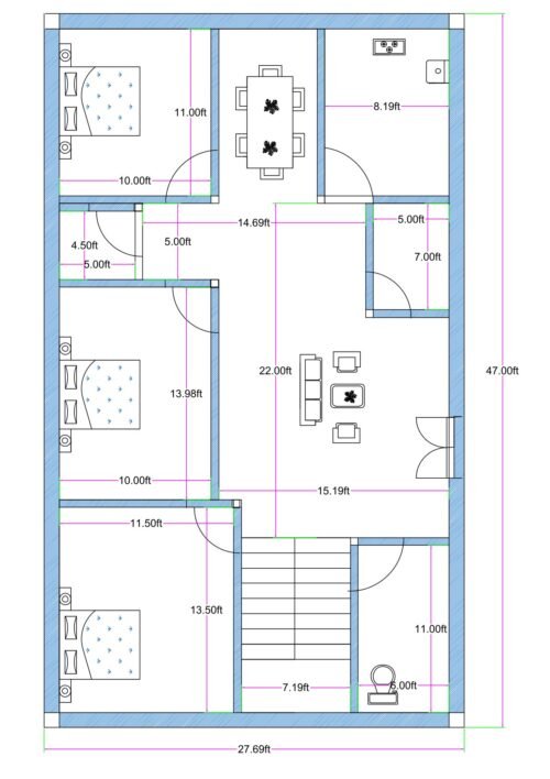 West-facing corner plot 3BHK house floor plan designed on an actual 27.69 feet by 47 feet plot (commonly written as 28x48 for SEO). The layout includes three bedrooms measuring approximately 10 feet by 11 feet, 10 feet by 13.98 feet, and 11.5 feet by 13.5 feet. A small puja room is positioned between two bedrooms. A spacious central hall measuring approximately 22 feet by 15.19 feet connects to a dining area near the kitchen. The kitchen measures approximately 8.19 feet in width with a store room located in front of it. A common toilet measuring approximately 6 feet by 11 feet is positioned near the staircase. The staircase is placed on the west side, allowing entry below it into the flat or access to upper floors. A secondary entrance from the south side opens into the drawing room. The plan is designed for a corner west-facing residential plot with dual entry flexibility.