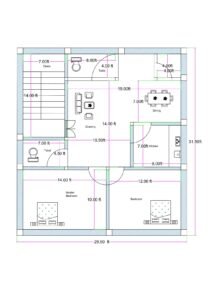 28x32 2BHK house plan (actual size 28.5x31.5 feet) featuring a spacious central drawing hall, two bedrooms, kitchen, dining area, two toilets, and front staircase access. The staircase measuring approximately 7 feet in width is positioned at the front-left side, allowing entry below the staircase or access to upper floors. The central drawing room measures approximately 19 feet by 14 feet, creating a large open living space. The dining area connects to a 7 feet by 8 feet kitchen on the right side. The master bedroom measures approximately 14 feet by 10 feet, while the second bedroom measures approximately 12 feet by 10 feet. Two toilets are provided — one near the staircase (4 ft × 8 ft approx.) and one common toilet (4.5 ft × 7 ft approx.). This layout can also be adjusted within a 30x30 plot configuration.