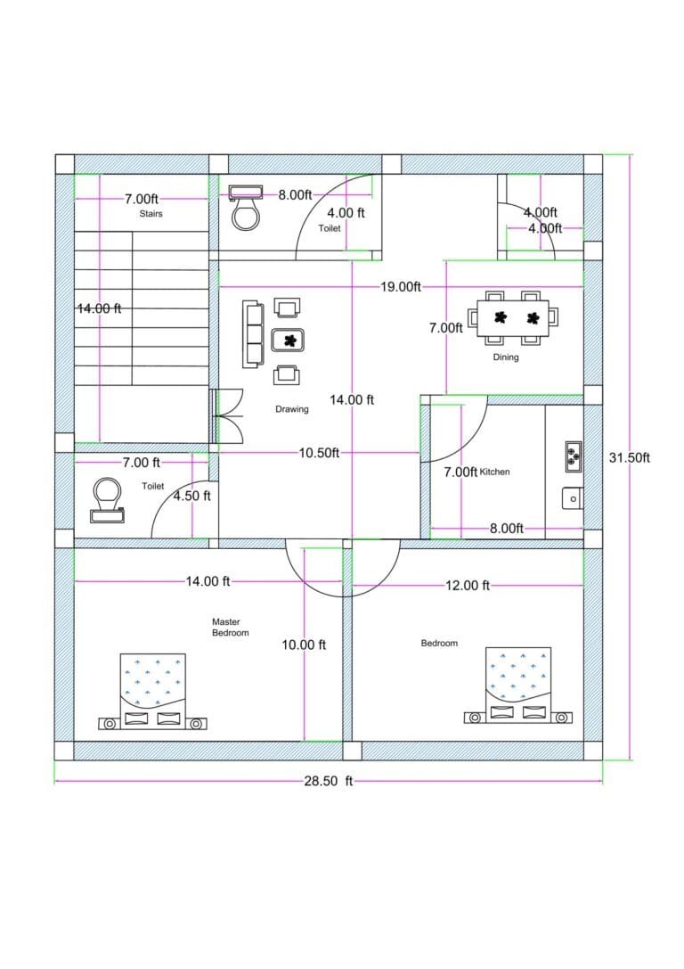 28x32 2BHK house plan (actual size 28.5x31.5 feet) featuring a spacious central drawing hall, two bedrooms, kitchen, dining area, two toilets, and front staircase access. The staircase measuring approximately 7 feet in width is positioned at the front-left side, allowing entry below the staircase or access to upper floors. The central drawing room measures approximately 19 feet by 14 feet, creating a large open living space. The dining area connects to a 7 feet by 8 feet kitchen on the right side. The master bedroom measures approximately 14 feet by 10 feet, while the second bedroom measures approximately 12 feet by 10 feet. Two toilets are provided — one near the staircase (4 ft × 8 ft approx.) and one common toilet (4.5 ft × 7 ft approx.). This layout can also be adjusted within a 30x30 plot configuration.