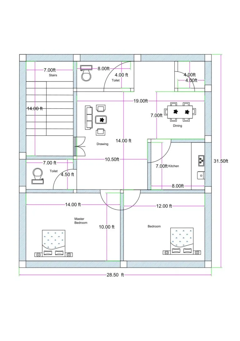 28x32 2BHK house plan (actual size 28.5x31.5 feet) featuring a spacious central drawing hall, two bedrooms, kitchen, dining area, two toilets, and front staircase access. The staircase measuring approximately 7 feet in width is positioned at the front-left side, allowing entry below the staircase or access to upper floors. The central drawing room measures approximately 19 feet by 14 feet, creating a large open living space. The dining area connects to a 7 feet by 8 feet kitchen on the right side. The master bedroom measures approximately 14 feet by 10 feet, while the second bedroom measures approximately 12 feet by 10 feet. Two toilets are provided — one near the staircase (4 ft × 8 ft approx.) and one common toilet (4.5 ft × 7 ft approx.). This layout can also be adjusted within a 30x30 plot configuration.