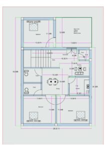 30x45 3BHK house plan (actual size 28.50x43.50 feet) featuring three bedrooms, drawing room, dining space, kitchen, staircase, puja room, two toilets, and a large open front area that can be used for parking, lawn, or future balcony space. The layout includes two front bedrooms measuring approximately 13 feet by 11.04 feet each and one rear bedroom measuring approximately 13 feet by 11 feet. A centrally positioned dining area measuring approximately 10.46 feet connects to the drawing room measuring approximately 11 feet by 6 feet. The kitchen measures approximately 7 feet by 8 feet. A puja room of approximately 5 feet is located near the drawing area. The staircase is positioned immediately after entry into the flat. A large open area measuring approximately 13.5 feet by 12 feet is provided at the front, suitable for parking, lawn, or first-floor balcony construction.