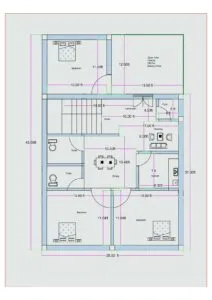 30x45 3BHK house plan (actual size 28.50x43.50 feet) featuring three bedrooms, drawing room, dining space, kitchen, staircase, puja room, two toilets, and a large open front area that can be used for parking, lawn, or future balcony space. The layout includes two front bedrooms measuring approximately 13 feet by 11.04 feet each and one rear bedroom measuring approximately 13 feet by 11 feet. A centrally positioned dining area measuring approximately 10.46 feet connects to the drawing room measuring approximately 11 feet by 6 feet. The kitchen measures approximately 7 feet by 8 feet. A puja room of approximately 5 feet is located near the drawing area. The staircase is positioned immediately after entry into the flat. A large open area measuring approximately 13.5 feet by 12 feet is provided at the front, suitable for parking, lawn, or first-floor balcony construction.