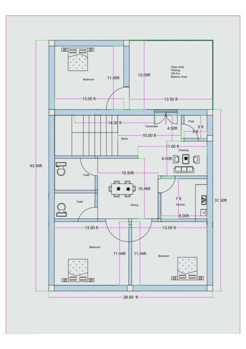 30x45 3BHK house plan (actual size 28.50x43.50 feet) featuring three bedrooms, drawing room, dining space, kitchen, staircase, puja room, two toilets, and a large open front area that can be used for parking, lawn, or future balcony space. The layout includes two front bedrooms measuring approximately 13 feet by 11.04 feet each and one rear bedroom measuring approximately 13 feet by 11 feet. A centrally positioned dining area measuring approximately 10.46 feet connects to the drawing room measuring approximately 11 feet by 6 feet. The kitchen measures approximately 7 feet by 8 feet. A puja room of approximately 5 feet is located near the drawing area. The staircase is positioned immediately after entry into the flat. A large open area measuring approximately 13.5 feet by 12 feet is provided at the front, suitable for parking, lawn, or first-floor balcony construction.