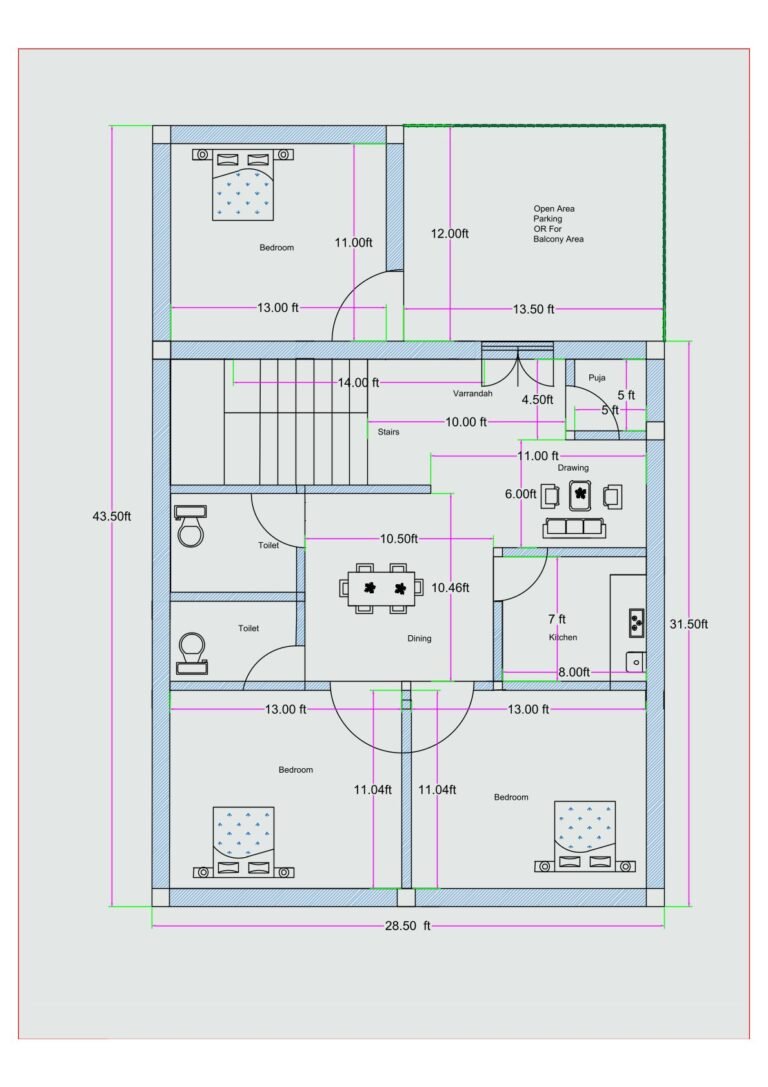 30x45 3BHK house plan (actual size 28.50x43.50 feet) featuring three bedrooms, drawing room, dining space, kitchen, staircase, puja room, two toilets, and a large open front area that can be used for parking, lawn, or future balcony space. The layout includes two front bedrooms measuring approximately 13 feet by 11.04 feet each and one rear bedroom measuring approximately 13 feet by 11 feet. A centrally positioned dining area measuring approximately 10.46 feet connects to the drawing room measuring approximately 11 feet by 6 feet. The kitchen measures approximately 7 feet by 8 feet. A puja room of approximately 5 feet is located near the drawing area. The staircase is positioned immediately after entry into the flat. A large open area measuring approximately 13.5 feet by 12 feet is provided at the front, suitable for parking, lawn, or first-floor balcony construction.