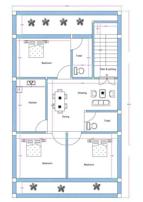 30x40 south-facing house plan (actual built-up size 28x40 feet) featuring a 4-foot-wide front balcony, staircase access for upper floors, spacious drawing room, dining hall, corner kitchen, master bedroom with attached toilet, two rear bedrooms with 3-foot ventilation balcony, and one common toilet. The entrance is positioned beside the staircase, allowing dual access either into the flat or upstairs. The front section includes a bright drawing room connected to the dining area. A common toilet is conveniently placed near the living space. The kitchen is located in the corner for efficient planning. At the rear, two bedrooms are designed with 3-foot setback ventilation space. A master bedroom with attached toilet is provided beside the staircase toward the front portion of the house.