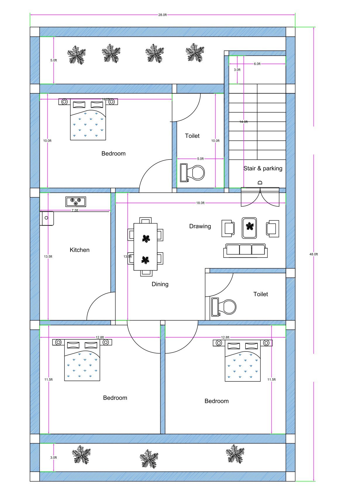 30x40 south-facing house plan (actual built-up size 28x40 feet) featuring a 4-foot-wide front balcony, staircase access for upper floors, spacious drawing room, dining hall, corner kitchen, master bedroom with attached toilet, two rear bedrooms with 3-foot ventilation balcony, and one common toilet. The entrance is positioned beside the staircase, allowing dual access either into the flat or upstairs. The front section includes a bright drawing room connected to the dining area. A common toilet is conveniently placed near the living space. The kitchen is located in the corner for efficient planning. At the rear, two bedrooms are designed with 3-foot setback ventilation space. A master bedroom with attached toilet is provided beside the staircase toward the front portion of the house.