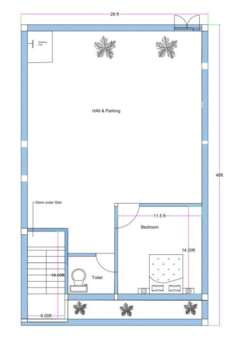 30x50 west-facing apartment ground floor plan (actual size 28x48 feet) designed primarily for parking with a guard room and staircase access to upper 3BHK floors. The layout features a large open hall and parking area covering most of the ground floor. A staircase measuring approximately 6 feet in width and 14 feet in length is positioned on the left side, providing access to first, second, and third floors. A small bedroom measuring approximately 11.5 feet by 14 feet is located at the rear corner, suitable as a guard room or caretaker room. A common toilet is positioned near the staircase. A store space is provided under the staircase. The front side includes an entry gate and open circulation area.