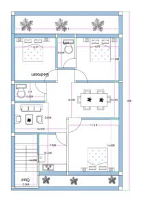30x50 3BHK west-facing apartment floor plan (actual size 28x48 feet) designed with one flat per floor, featuring three bedrooms, drawing room, dining area, kitchen, puja room, common toilet with OTS, staircase, front and rear balcony spaces. The layout includes a master bedroom measuring approximately 14 feet by 11.5 feet located at the rear corner. Two additional bedrooms measure approximately 10 feet by 11.5 feet each. A central dining area is positioned near a dedicated puja room measuring approximately 4 feet by 9.5 feet. The kitchen measures approximately 7.5 feet by 10 feet and connects to a rear balcony space. A spacious drawing room measuring approximately 14 feet by 8 feet is located near the entrance. One toilet is connected to an OTS (open-to-sky) shaft for ventilation. The staircase is placed on the ground floor with full parking below, allowing access to first, second, and third floors.