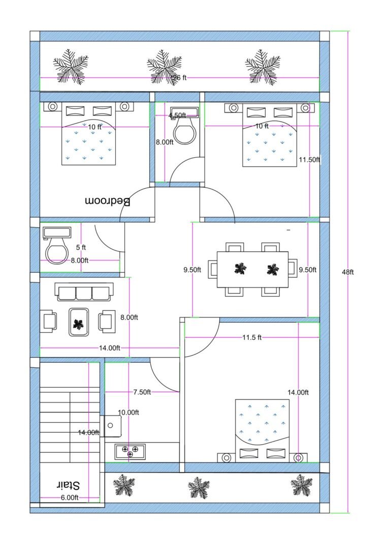 30x50 3BHK west-facing apartment floor plan (actual size 28x48 feet) designed with one flat per floor, featuring three bedrooms, drawing room, dining area, kitchen, puja room, common toilet with OTS, staircase, front and rear balcony spaces. The layout includes a master bedroom measuring approximately 14 feet by 11.5 feet located at the rear corner. Two additional bedrooms measure approximately 10 feet by 11.5 feet each. A central dining area is positioned near a dedicated puja room measuring approximately 4 feet by 9.5 feet. The kitchen measures approximately 7.5 feet by 10 feet and connects to a rear balcony space. A spacious drawing room measuring approximately 14 feet by 8 feet is located near the entrance. One toilet is connected to an OTS (open-to-sky) shaft for ventilation. The staircase is placed on the ground floor with full parking below, allowing access to first, second, and third floors.