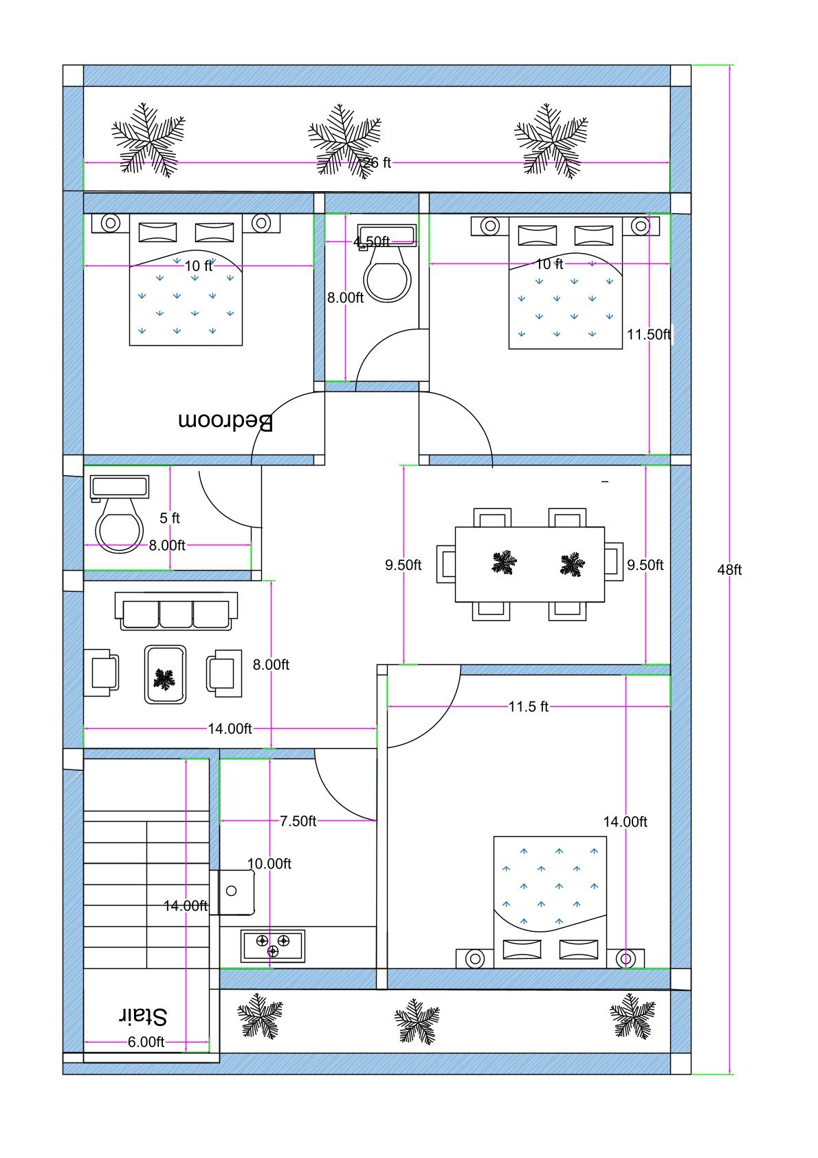 30x50 3BHK west-facing apartment floor plan (actual size 28x48 feet) designed with one flat per floor, featuring three bedrooms, drawing room, dining area, kitchen, puja room, common toilet with OTS, staircase, front and rear balcony spaces. The layout includes a master bedroom measuring approximately 14 feet by 11.5 feet located at the rear corner. Two additional bedrooms measure approximately 10 feet by 11.5 feet each. A central dining area is positioned near a dedicated puja room measuring approximately 4 feet by 9.5 feet. The kitchen measures approximately 7.5 feet by 10 feet and connects to a rear balcony space. A spacious drawing room measuring approximately 14 feet by 8 feet is located near the entrance. One toilet is connected to an OTS (open-to-sky) shaft for ventilation. The staircase is placed on the ground floor with full parking below, allowing access to first, second, and third floors.