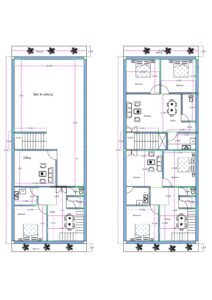 30x70 luxury apartment and duplex floor plan (actual size 28x70 feet) featuring ground floor parking, office space, 1BHK unit, and staircase access to upper floors. The ground floor includes a large open parking area with a main staircase connecting all floors. An office is located on the ground floor, along with a separate 1BHK unit that includes an internal staircase leading to the upper level of a duplex 3BHK unit. The first floor includes two residential units: one normal 2BHK flat constructed above the parking area and one upper level of a duplex 3BHK connected internally from the ground-floor 1BHK. The duplex living hall features a double-height ceiling of approximately 20 feet covering two floors. The project is designed as a luxury apartment configuration with one standard 2BHK and one 3BHK duplex per level.
