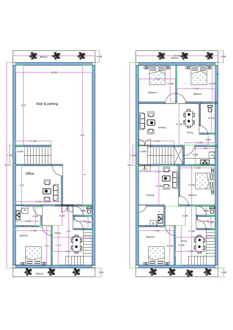 30x70 luxury apartment and duplex floor plan (actual size 28x70 feet) featuring ground floor parking, office space, 1BHK unit, and staircase access to upper floors. The ground floor includes a large open parking area with a main staircase connecting all floors. An office is located on the ground floor, along with a separate 1BHK unit that includes an internal staircase leading to the upper level of a duplex 3BHK unit. The first floor includes two residential units: one normal 2BHK flat constructed above the parking area and one upper level of a duplex 3BHK connected internally from the ground-floor 1BHK. The duplex living hall features a double-height ceiling of approximately 20 feet covering two floors. The project is designed as a luxury apartment configuration with one standard 2BHK and one 3BHK duplex per level.