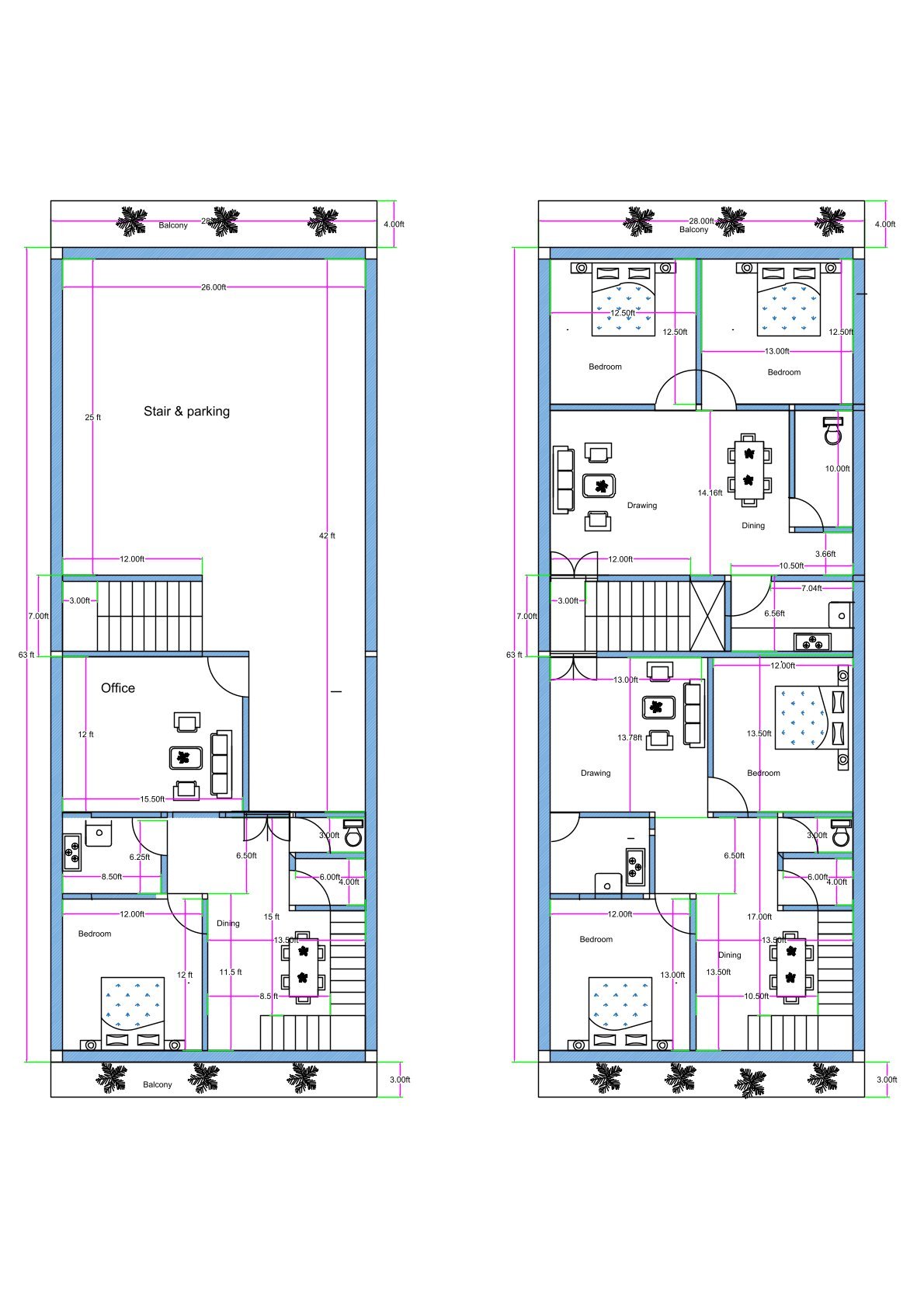30x70 luxury apartment and duplex floor plan (actual size 28x70 feet) featuring ground floor parking, office space, 1BHK unit, and staircase access to upper floors. The ground floor includes a large open parking area with a main staircase connecting all floors. An office is located on the ground floor, along with a separate 1BHK unit that includes an internal staircase leading to the upper level of a duplex 3BHK unit. The first floor includes two residential units: one normal 2BHK flat constructed above the parking area and one upper level of a duplex 3BHK connected internally from the ground-floor 1BHK. The duplex living hall features a double-height ceiling of approximately 20 feet covering two floors. The project is designed as a luxury apartment configuration with one standard 2BHK and one 3BHK duplex per level.
