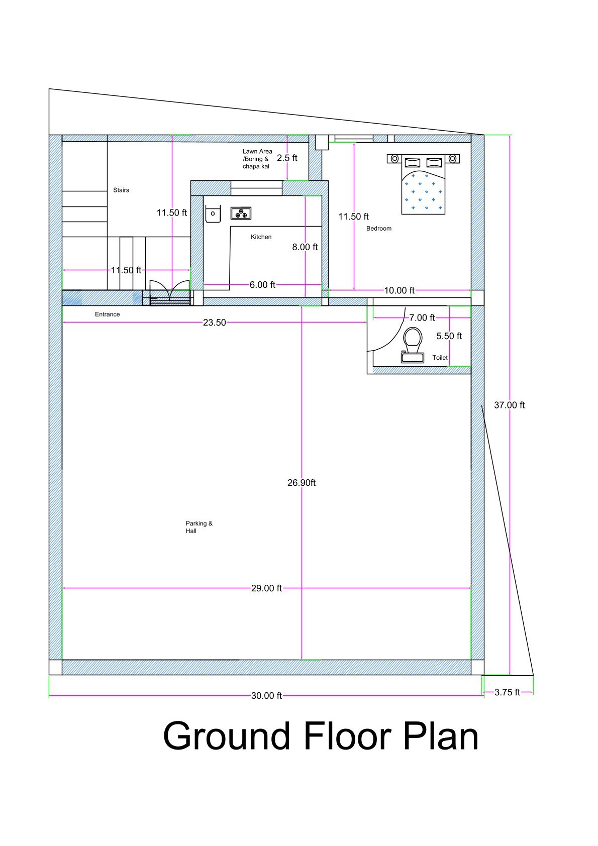 30x35 ground floor house plan (actual built-up size 30x37 feet) designed on an irregular plot with ventilation setbacks. The layout features a large open parking and hall area occupying the front and central portion. A staircase is positioned on the left side near the entrance for access to upper floors or guard movement. The residential portion includes one bedroom located on the right rear side, a kitchen placed centrally near the staircase, and a common toilet adjacent to the bedroom. The plan also shows a small lawn or ventilation area of approximately 2.5 feet at the top side. The irregular outer boundary has been left open for light and ventilation purposes while the built-up rectangular portion measures 30 feet by 37 feet.