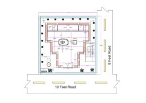 30x30 Hindu temple floor plan located on a corner plot with 10 feet road on the front side and 8 feet road on the side. The temple campus includes a surrounding open passage around the main sanctum building for circumambulation (parikrama). The entrance gate opens into a forecourt area with water closets and hand-washing facilities near the entrance. Inside the temple structure, a central prayer hall with double-height ceiling space is provided. A Nandi idol is placed facing the main sanctum. The rear portion includes multiple deity platforms arranged along the back wall. A staircase is positioned inside the complex for access to the upper floor or terrace. The layout clearly shows movement circulation around the temple and proper corner road access.