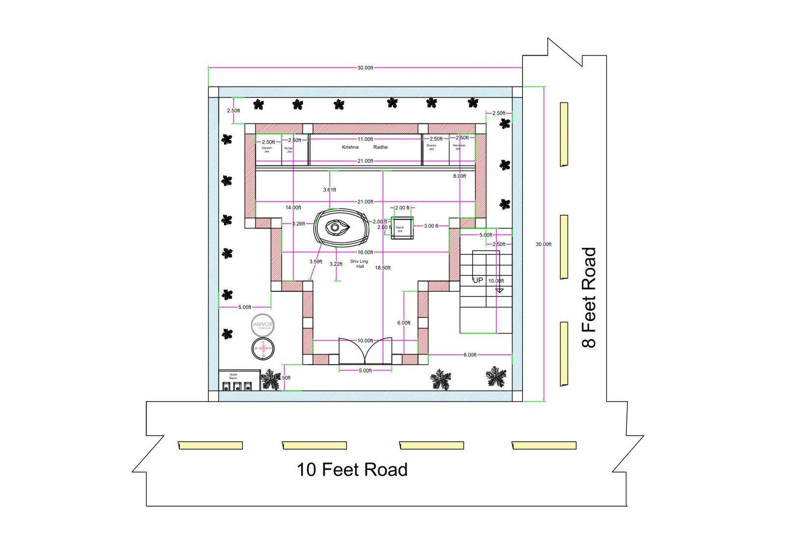 30x30 Hindu temple floor plan located on a corner plot with 10 feet road on the front side and 8 feet road on the side. The temple campus includes a surrounding open passage around the main sanctum building for circumambulation (parikrama). The entrance gate opens into a forecourt area with water closets and hand-washing facilities near the entrance. Inside the temple structure, a central prayer hall with double-height ceiling space is provided. A Nandi idol is placed facing the main sanctum. The rear portion includes multiple deity platforms arranged along the back wall. A staircase is positioned inside the complex for access to the upper floor or terrace. The layout clearly shows movement circulation around the temple and proper corner road access.
