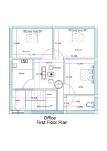 30x30 feet first floor plan of a 3-bedroom residential house showing a front entrance near the staircase area. The layout includes a central drawing room (10x10 feet), a kitchen on the left side, two bedrooms positioned at the rear side each measuring approximately 13.75x10 feet, and one additional room on the right side that can function as an office or bedroom (10x12 feet). A common toilet (5x10 feet) is located near the staircase and attached close to the right-side room. The staircase is positioned at the front section of the house, allowing access to both the first-floor flat and the upper floor. The plan clearly marks room dimensions, door openings, furniture placements, and circulation paths within a 900 sq ft built-up area.