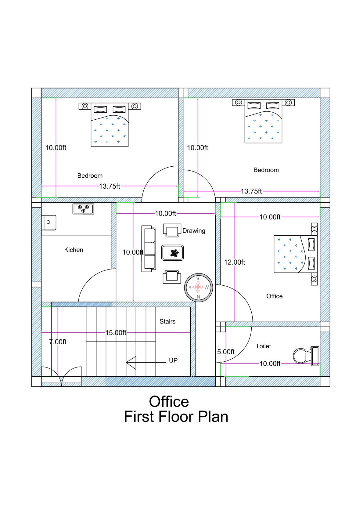 30x30 feet first floor plan of a 3-bedroom residential house showing a front entrance near the staircase area. The layout includes a central drawing room (10x10 feet), a kitchen on the left side, two bedrooms positioned at the rear side each measuring approximately 13.75x10 feet, and one additional room on the right side that can function as an office or bedroom (10x12 feet). A common toilet (5x10 feet) is located near the staircase and attached close to the right-side room. The staircase is positioned at the front section of the house, allowing access to both the first-floor flat and the upper floor. The plan clearly marks room dimensions, door openings, furniture placements, and circulation paths within a 900 sq ft built-up area.
