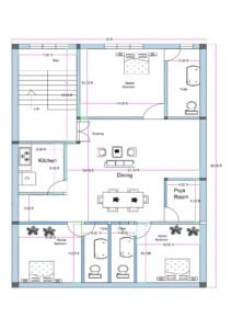 30 feet wide 3BHK house floor plan with staircase on the left front side, large central drawing and dining area, kitchen positioned on the left middle section, three master bedrooms, three toilets, and a dedicated puja room. The overall layout measures approximately 30 feet in width and about 38.5 feet in depth. The staircase (7 feet wide) is located at the front left corner with upward access. The master bedroom at the top center measures approximately 15x10 feet and has an attached toilet on the right side (5 feet wide). The central portion of the house features a spacious combined drawing and dining area measuring approximately 23 feet in width. The kitchen (6x8 feet) is located on the left side near the drawing area. On the bottom side of the layout, two master bedrooms (10x10 feet each) are positioned symmetrically with two separate common toilets (4 feet wide each) placed between them. A puja room (4x6 feet) is located on the right middle section of the plan. The plan clearly shows furniture placement, door swings, dimensions, and circulation pathways.