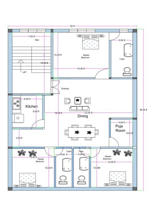 30 feet wide 3BHK house floor plan with staircase on the left front side, large central drawing and dining area, kitchen positioned on the left middle section, three master bedrooms, three toilets, and a dedicated puja room. The overall layout measures approximately 30 feet in width and about 38.5 feet in depth. The staircase (7 feet wide) is located at the front left corner with upward access. The master bedroom at the top center measures approximately 15x10 feet and has an attached toilet on the right side (5 feet wide). The central portion of the house features a spacious combined drawing and dining area measuring approximately 23 feet in width. The kitchen (6x8 feet) is located on the left side near the drawing area. On the bottom side of the layout, two master bedrooms (10x10 feet each) are positioned symmetrically with two separate common toilets (4 feet wide each) placed between them. A puja room (4x6 feet) is located on the right middle section of the plan. The plan clearly shows furniture placement, door swings, dimensions, and circulation pathways.