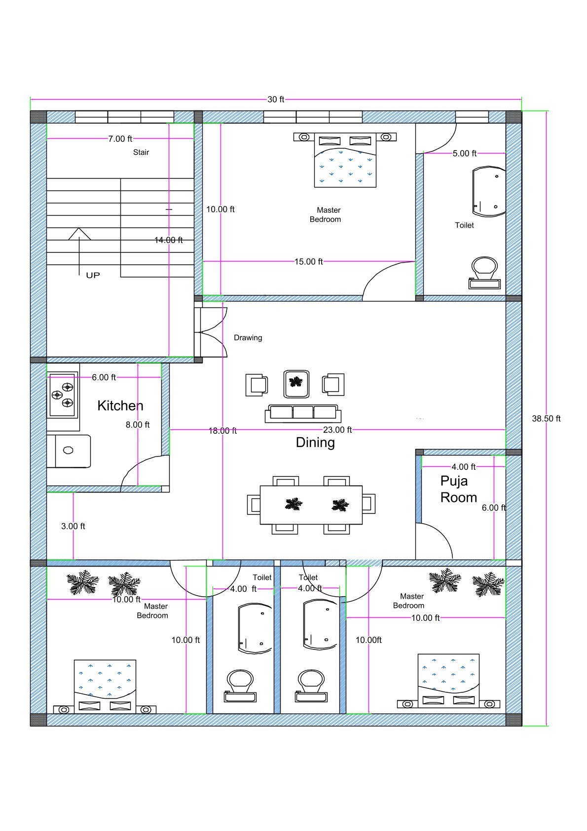 30 feet wide 3BHK house floor plan with staircase on the left front side, large central drawing and dining area, kitchen positioned on the left middle section, three master bedrooms, three toilets, and a dedicated puja room. The overall layout measures approximately 30 feet in width and about 38.5 feet in depth. The staircase (7 feet wide) is located at the front left corner with upward access. The master bedroom at the top center measures approximately 15x10 feet and has an attached toilet on the right side (5 feet wide). The central portion of the house features a spacious combined drawing and dining area measuring approximately 23 feet in width. The kitchen (6x8 feet) is located on the left side near the drawing area. On the bottom side of the layout, two master bedrooms (10x10 feet each) are positioned symmetrically with two separate common toilets (4 feet wide each) placed between them. A puja room (4x6 feet) is located on the right middle section of the plan. The plan clearly shows furniture placement, door swings, dimensions, and circulation pathways.