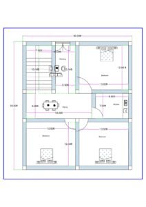 30x35 feet 3BHK house floor plan with staircase on the front left side, central drawing and dining area, kitchen on the right middle section, and three bedrooms arranged at the top right and bottom side. The overall plot size measures 30 feet in width and 35 feet in depth. The staircase is approximately 7 feet wide and positioned at the front left corner with upward access. Adjacent to the staircase is a compact drawing room space. The dining area is centrally located measuring approximately 18 feet in width and 6.86 feet in depth. The kitchen is positioned on the right side measuring approximately 9x7 feet. One bedroom is located at the top right corner measuring approximately 13.5x12 feet. Two additional bedrooms are placed symmetrically at the bottom portion of the layout, each measuring approximately 13.5x12 feet. The plan shows wall thickness, door swings, room dimensions, and furniture placement for clear space visualization.