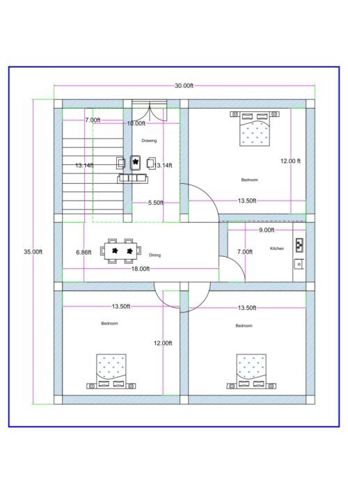 30x35 feet 3BHK house floor plan with staircase on the front left side, central drawing and dining area, kitchen on the right middle section, and three bedrooms arranged at the top right and bottom side. The overall plot size measures 30 feet in width and 35 feet in depth. The staircase is approximately 7 feet wide and positioned at the front left corner with upward access. Adjacent to the staircase is a compact drawing room space. The dining area is centrally located measuring approximately 18 feet in width and 6.86 feet in depth. The kitchen is positioned on the right side measuring approximately 9x7 feet. One bedroom is located at the top right corner measuring approximately 13.5x12 feet. Two additional bedrooms are placed symmetrically at the bottom portion of the layout, each measuring approximately 13.5x12 feet. The plan shows wall thickness, door swings, room dimensions, and furniture placement for clear space visualization.