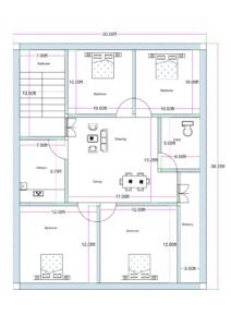 30x40 4BHK house floor plan (actual size 30x38.25 ft) with front staircase on the left side, central drawing and dining area, kitchen on the left middle section, four bedrooms, one common toilet, and a side balcony. The layout fits within a 30 feet wide plot and approximately 38.25 feet depth. The staircase is positioned at the top left corner with a width of approximately 7 feet, providing access to upper floors. Two bedrooms measuring approximately 10x10 feet each are located at the top section. The central portion includes a combined drawing and dining space measuring around 17 feet in width. The kitchen is positioned on the left middle side measuring approximately 7x9.75 feet. A common toilet measuring around 6x8 feet is placed on the right middle side. The bottom section features two larger bedrooms measuring approximately 12x12 feet each. A 3-foot-wide balcony runs along the right bottom side. The plan clearly displays dimensions, wall thickness, door swings, and furniture placement for better visualization.