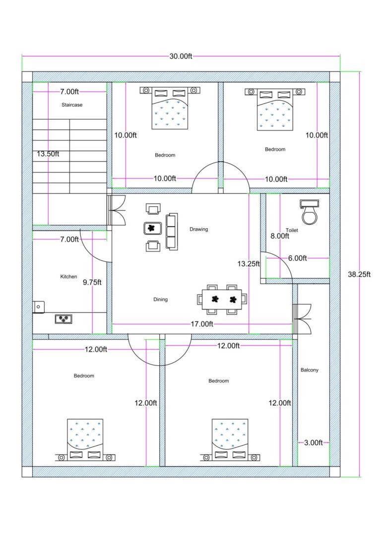 30x40 4BHK house floor plan (actual size 30x38.25 ft) with front staircase on the left side, central drawing and dining area, kitchen on the left middle section, four bedrooms, one common toilet, and a side balcony. The layout fits within a 30 feet wide plot and approximately 38.25 feet depth. The staircase is positioned at the top left corner with a width of approximately 7 feet, providing access to upper floors. Two bedrooms measuring approximately 10x10 feet each are located at the top section. The central portion includes a combined drawing and dining space measuring around 17 feet in width. The kitchen is positioned on the left middle side measuring approximately 7x9.75 feet. A common toilet measuring around 6x8 feet is placed on the right middle side. The bottom section features two larger bedrooms measuring approximately 12x12 feet each. A 3-foot-wide balcony runs along the right bottom side. The plan clearly displays dimensions, wall thickness, door swings, and furniture placement for better visualization.