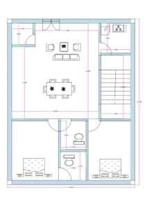 30x40 2BHK house floor plan (actual size 30x39 ft) featuring a spacious central drawing and dining hall, two bedrooms at the bottom section, kitchen on the top right, staircase on the right side, and two common toilets positioned between the bedrooms and living area. The house measures 30 feet in width and approximately 39 feet in depth. The main entrance opens into a large multipurpose hall measuring approximately 20.5 feet by 22.5 feet, combining drawing and dining functions. The kitchen is located at the top right corner measuring around 7x7 feet. A staircase with approximately 7 feet width is placed along the right side for upper floor access. Two bedrooms measuring approximately 12x13 feet each are positioned at the bottom left and bottom right corners. Two common toilets, each approximately 6 feet wide and around 6 to 6.75 feet deep, are centrally placed between the bedrooms for easy access. The plan shows furniture layout, door swings, wall thickness, and internal dimensions.