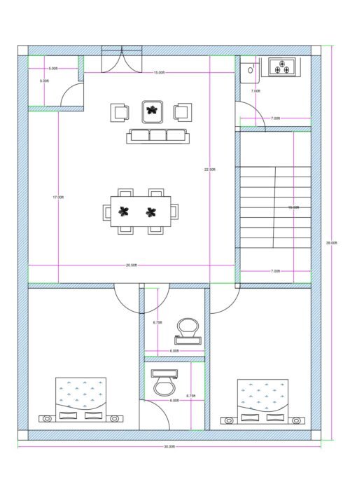30x40 2BHK house floor plan (actual size 30x39 ft) featuring a spacious central drawing and dining hall, two bedrooms at the bottom section, kitchen on the top right, staircase on the right side, and two common toilets positioned between the bedrooms and living area. The house measures 30 feet in width and approximately 39 feet in depth. The main entrance opens into a large multipurpose hall measuring approximately 20.5 feet by 22.5 feet, combining drawing and dining functions. The kitchen is located at the top right corner measuring around 7x7 feet. A staircase with approximately 7 feet width is placed along the right side for upper floor access. Two bedrooms measuring approximately 12x13 feet each are positioned at the bottom left and bottom right corners. Two common toilets, each approximately 6 feet wide and around 6 to 6.75 feet deep, are centrally placed between the bedrooms for easy access. The plan shows furniture layout, door swings, wall thickness, and internal dimensions.