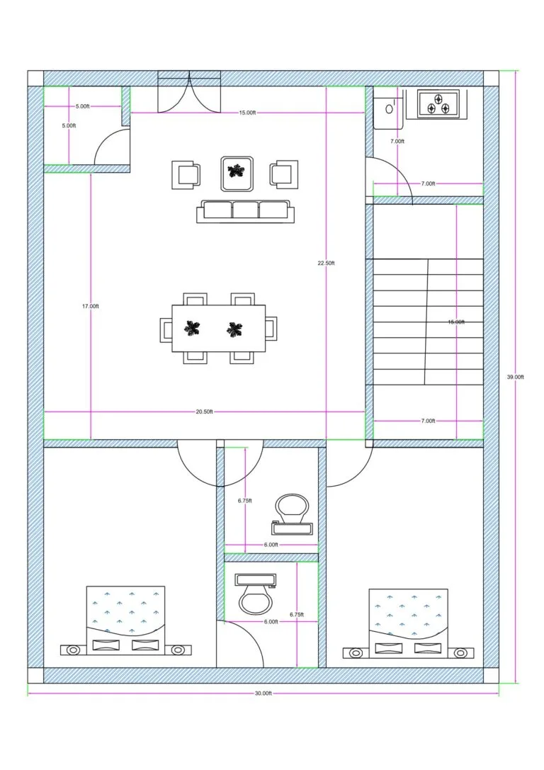 30x40 2BHK house floor plan (actual size 30x39 ft) featuring a spacious central drawing and dining hall, two bedrooms at the bottom section, kitchen on the top right, staircase on the right side, and two common toilets positioned between the bedrooms and living area. The house measures 30 feet in width and approximately 39 feet in depth. The main entrance opens into a large multipurpose hall measuring approximately 20.5 feet by 22.5 feet, combining drawing and dining functions. The kitchen is located at the top right corner measuring around 7x7 feet. A staircase with approximately 7 feet width is placed along the right side for upper floor access. Two bedrooms measuring approximately 12x13 feet each are positioned at the bottom left and bottom right corners. Two common toilets, each approximately 6 feet wide and around 6 to 6.75 feet deep, are centrally placed between the bedrooms for easy access. The plan shows furniture layout, door swings, wall thickness, and internal dimensions.