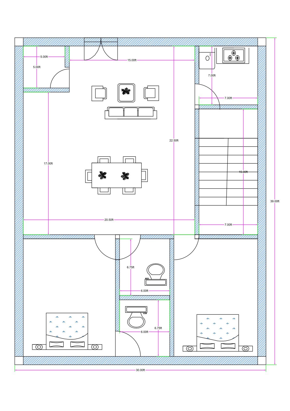 30x40 2BHK house floor plan (actual size 30x39 ft) featuring a spacious central drawing and dining hall, two bedrooms at the bottom section, kitchen on the top right, staircase on the right side, and two common toilets positioned between the bedrooms and living area. The house measures 30 feet in width and approximately 39 feet in depth. The main entrance opens into a large multipurpose hall measuring approximately 20.5 feet by 22.5 feet, combining drawing and dining functions. The kitchen is located at the top right corner measuring around 7x7 feet. A staircase with approximately 7 feet width is placed along the right side for upper floor access. Two bedrooms measuring approximately 12x13 feet each are positioned at the bottom left and bottom right corners. Two common toilets, each approximately 6 feet wide and around 6 to 6.75 feet deep, are centrally placed between the bedrooms for easy access. The plan shows furniture layout, door swings, wall thickness, and internal dimensions.